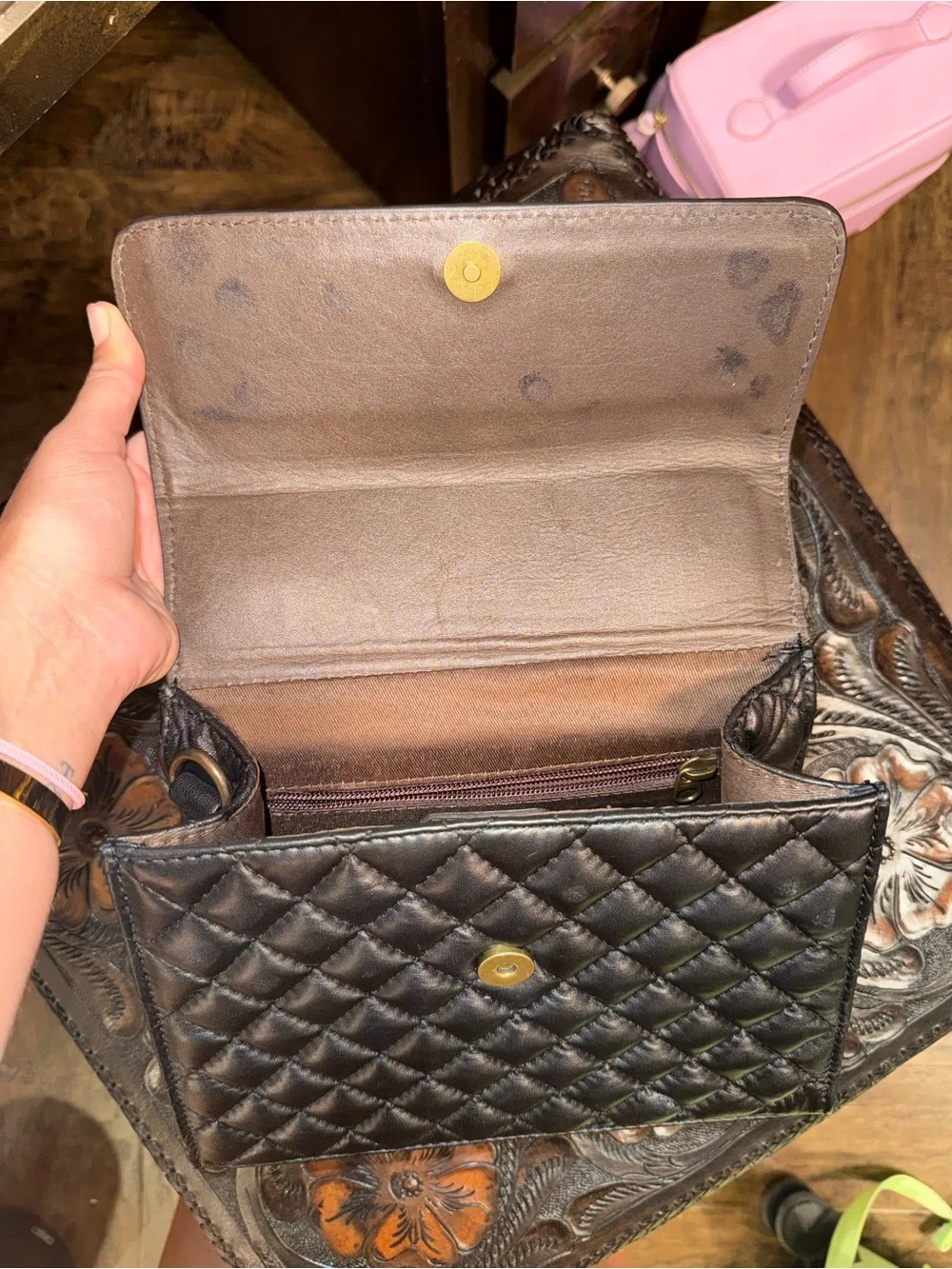 American Darling Black Satchel with Tan Floral Tooled Flap